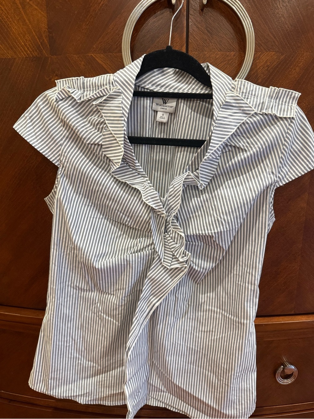 Worthington Black and White Striped Ruffle Cap-Sleeve Blouse